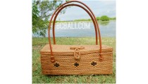 fashion square handbag ata rattan brass flower strap leather handle